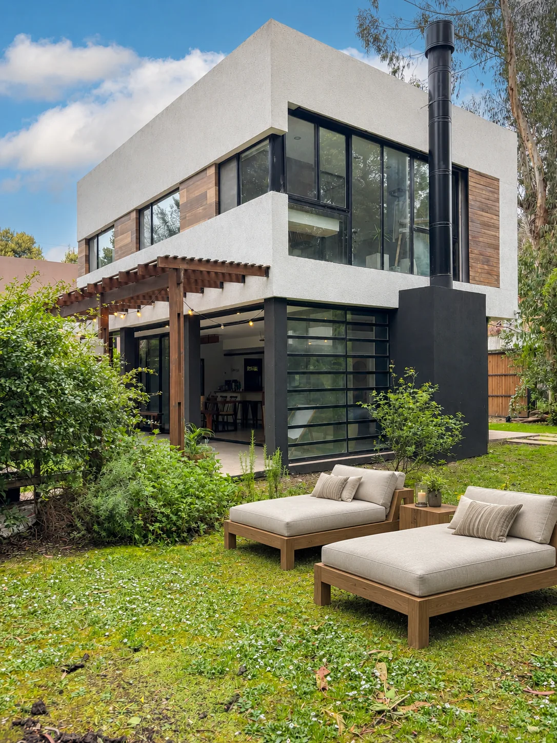 Casa de fachada blanca con madera y amplios ventanales